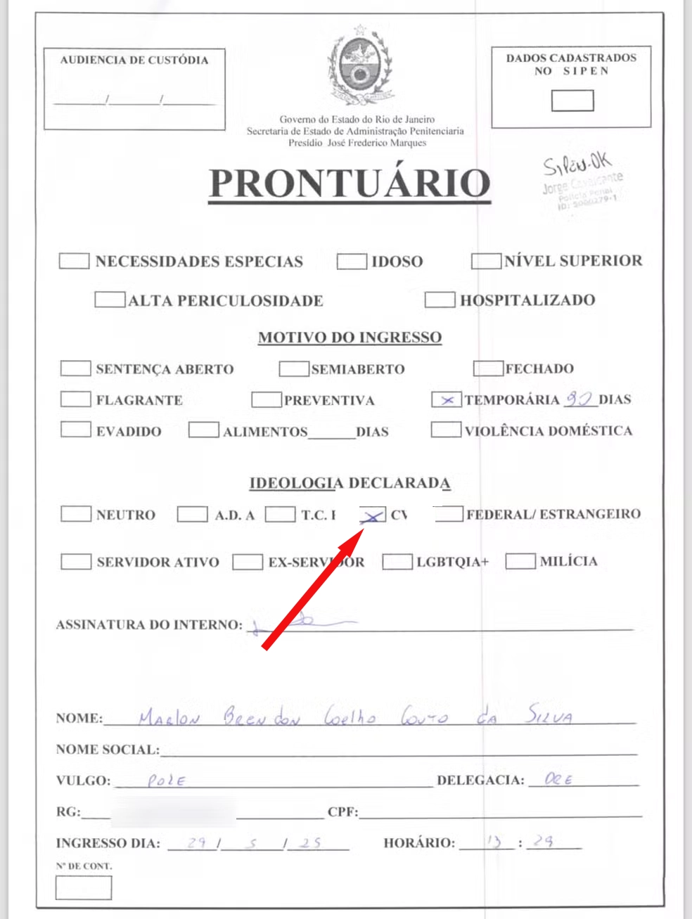 Prontuário de MC Poze e a declaração de qeu pertence ao comando Vermelho