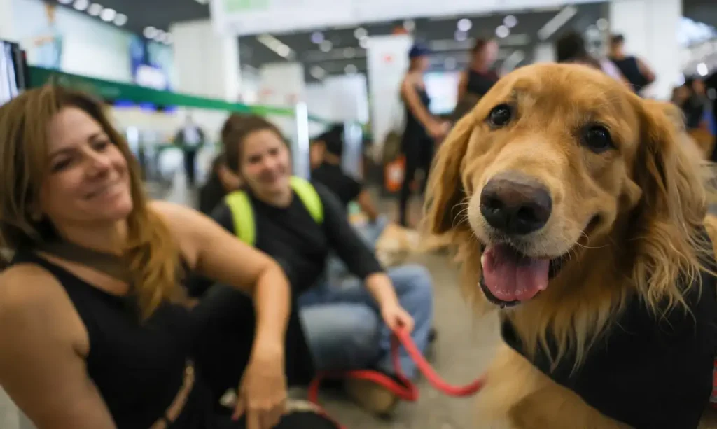 Cachorro ao lado de tutora em aeroporto