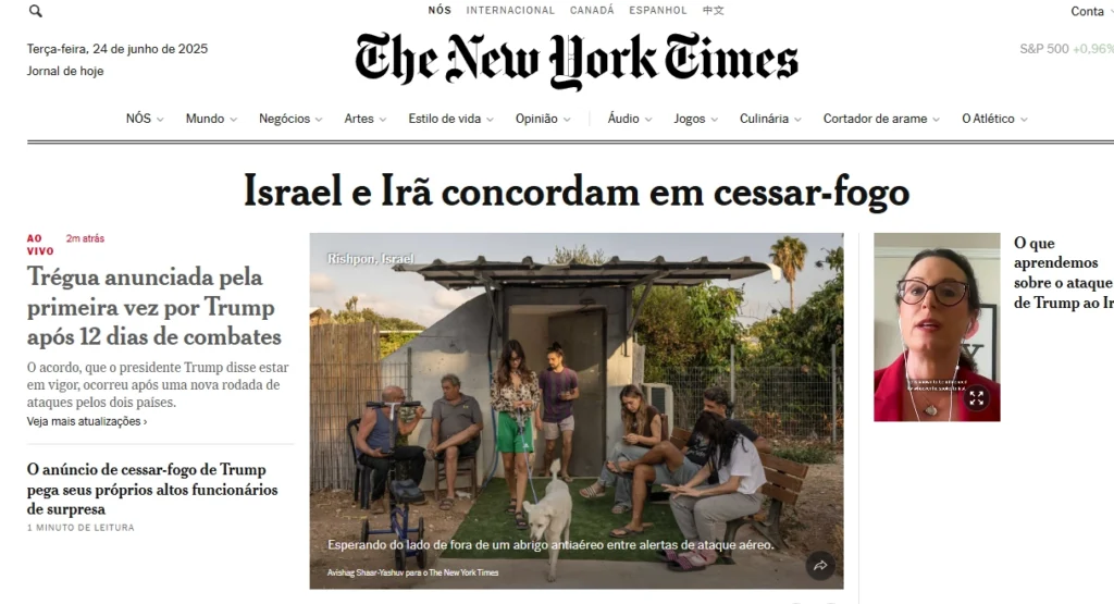 Capa do New York Times confirma adesão de Israel e Irã ao cessar-fogo de Trump