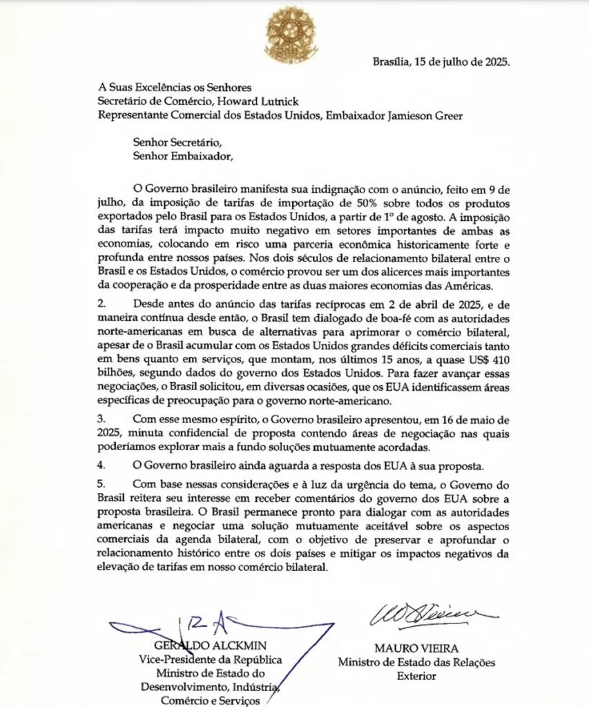 Carta assinada pelo presidente em exercício Geraldo Alckmin e pelo Ministro das Relações Exteriores Mauro vieira.