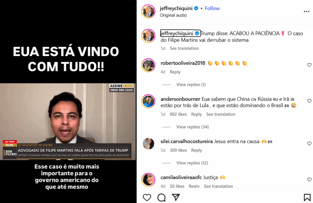 Chiquini, advogado de Felipe MArtins, é também um entusiasmado simpatizante dos movimentos da extrema-direita