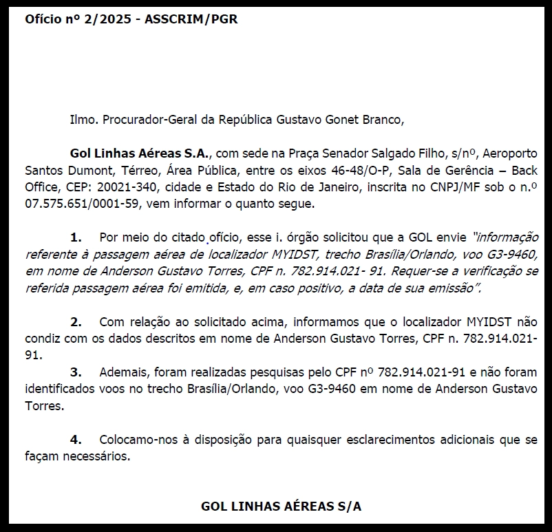 Print do documejto enviado pela Gol informando a falsidade do documento apensado ao processo pela defesa de Anderson Torres