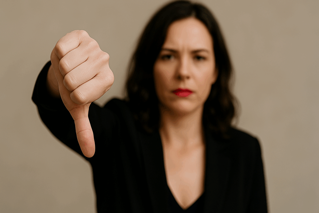 Mulher faz sinal negativo apontando o dedo polegar para baixo com a mão fechada