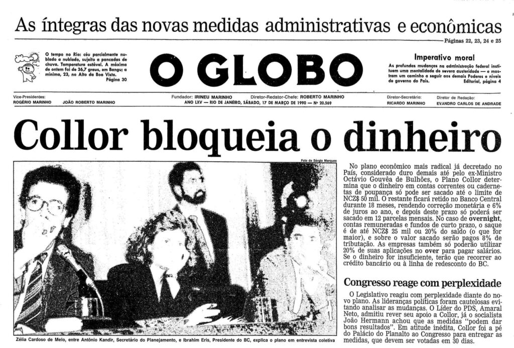 capa do jornal O Globo no dia da decretação do Plano collor 1