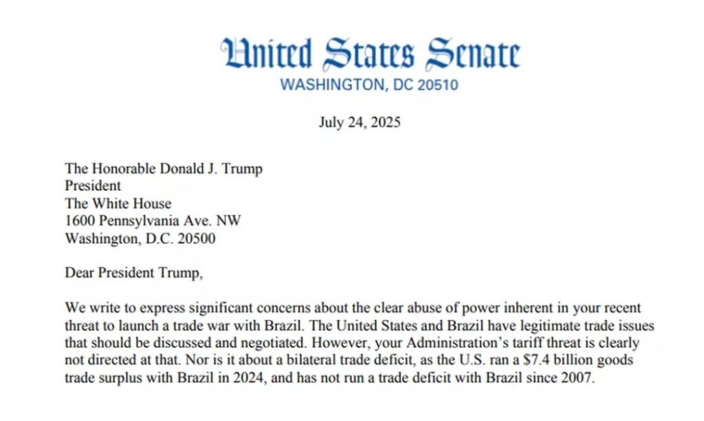 Carta dos senadores democratas ao Presidente Trump: sobretaxas contra o Brasil são "abuso de autoridade"