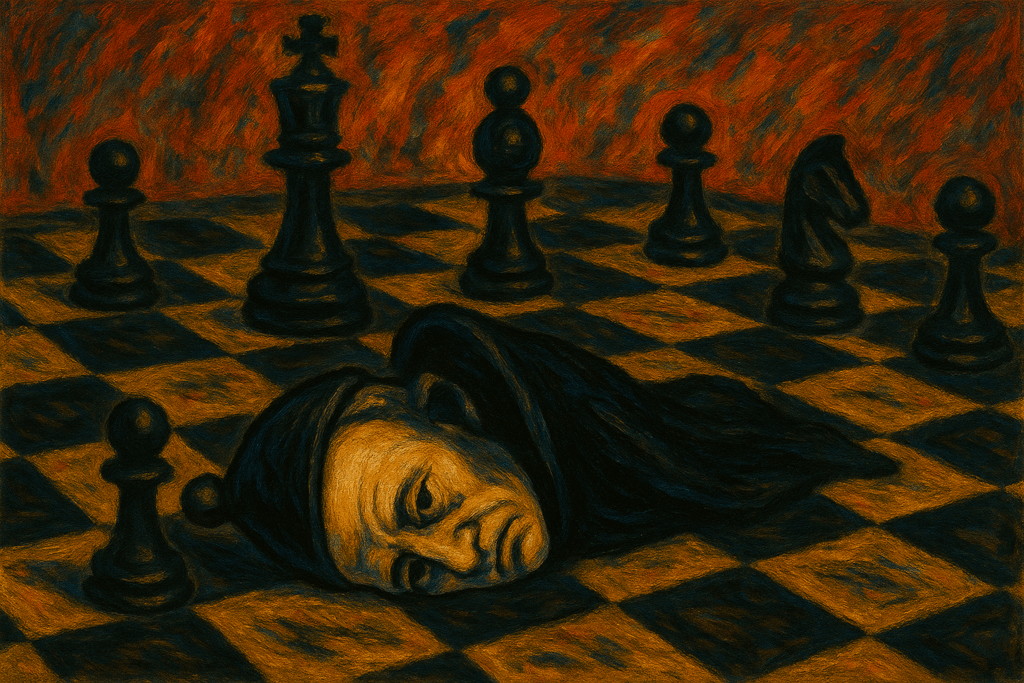 Imagem expressionista mostra um bispo caído no centro de um tabuleiro de xadrez