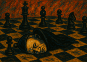 Imagem expressionista mostra um bispo caído no centro de um tabuleiro de xadrez