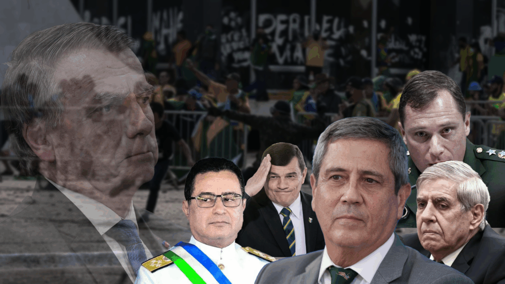 bolsonáro aparece diáfano como se estivesse pairando sobre a cena de destruição junto com os outros oficiais militares da Trama Golpista