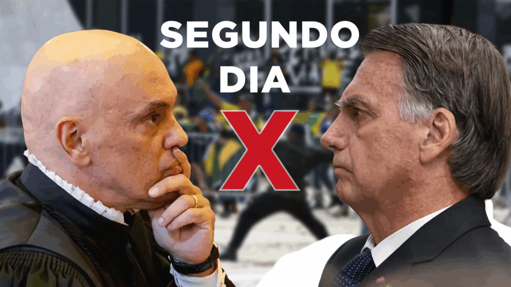 Segundo dia do julgamento da trama golpista. Montagem mostra bnolsonaro e Alexandre de moraes se encarando.