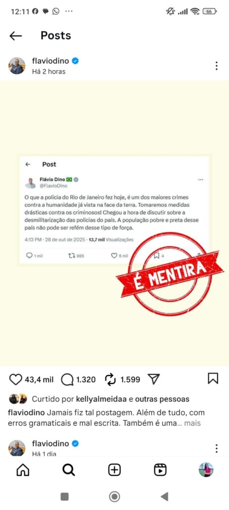 Publicação do ministro Flávio Dino em suas redes sociais.