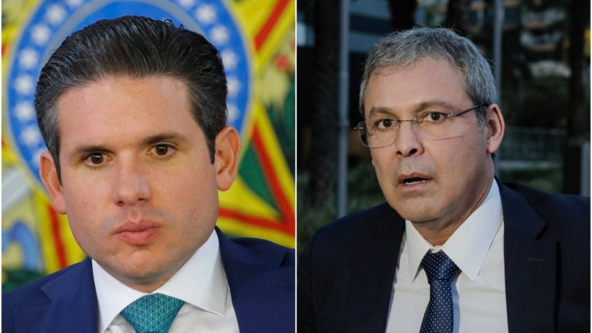 A foto mostra o presidente da Cânmara Hugo Motta e o líder do PT, Lindbergh Farias.