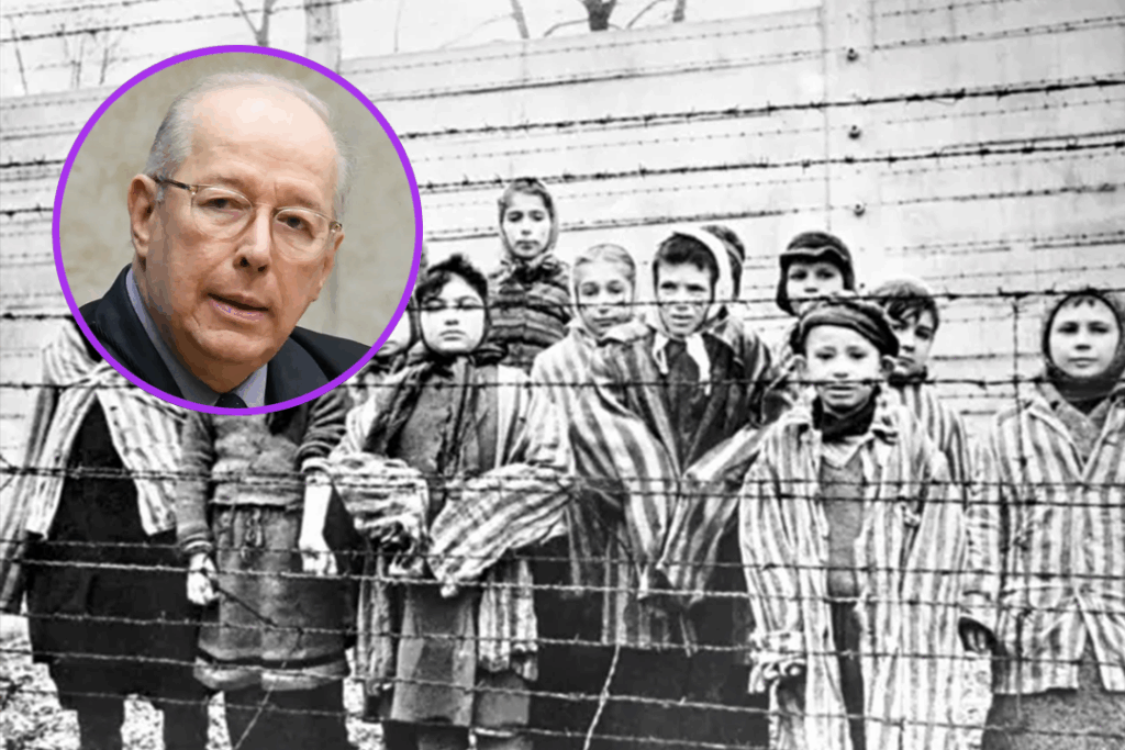 Foto do ex-ministro celso de mello, do STF, sobrte imagem de prisioneiros do campo de concentração de Aushwitz, na Polônia