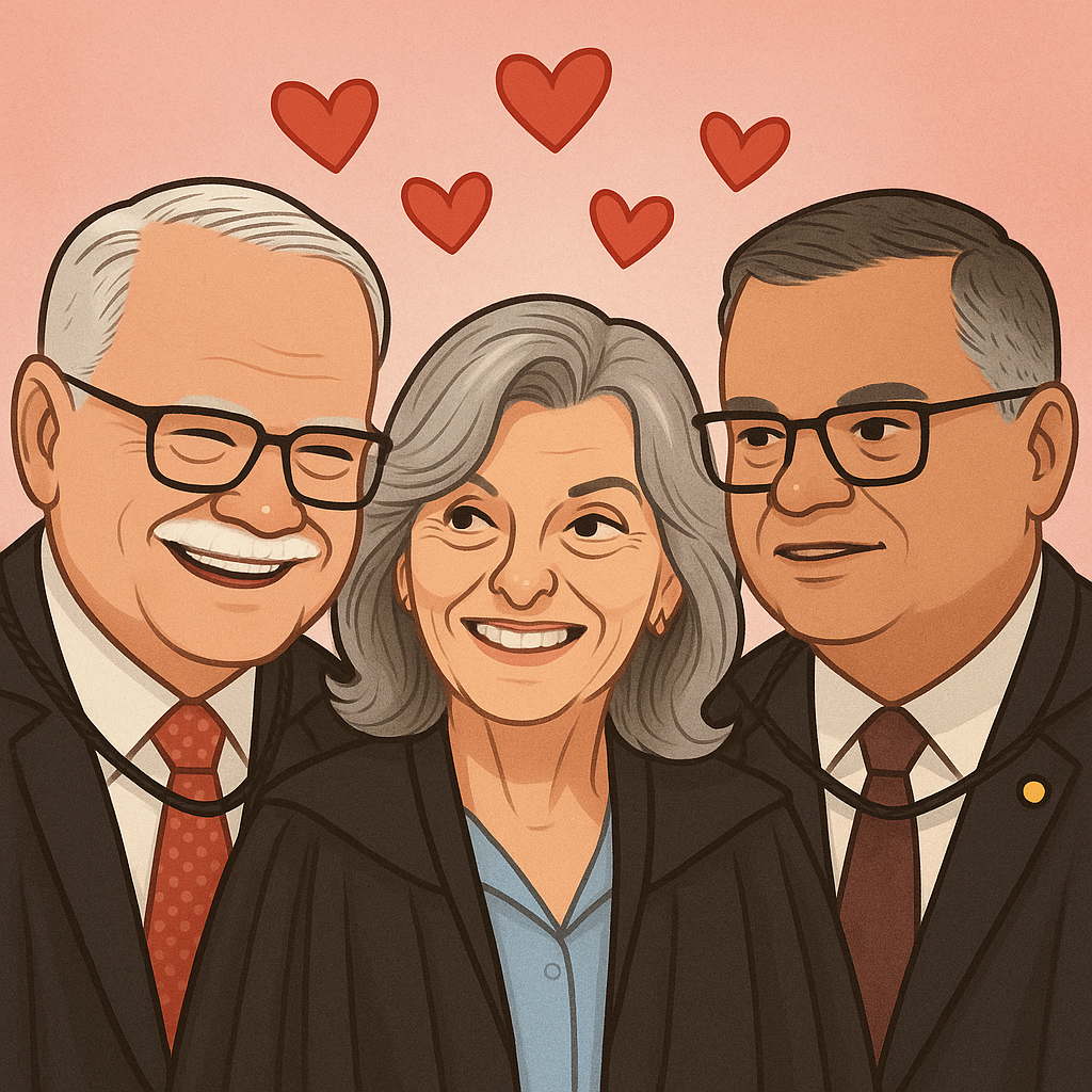 O amor está no ar. Charge mostra a boa relação entre os ministros Flávio Dino, Fachin e Carmen Lúcia