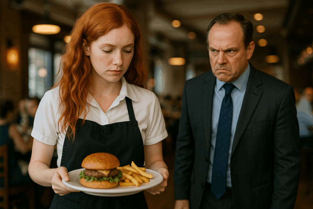 Ilustração por IA mostra uma garçonete ruiva observada por um padrão sisudo