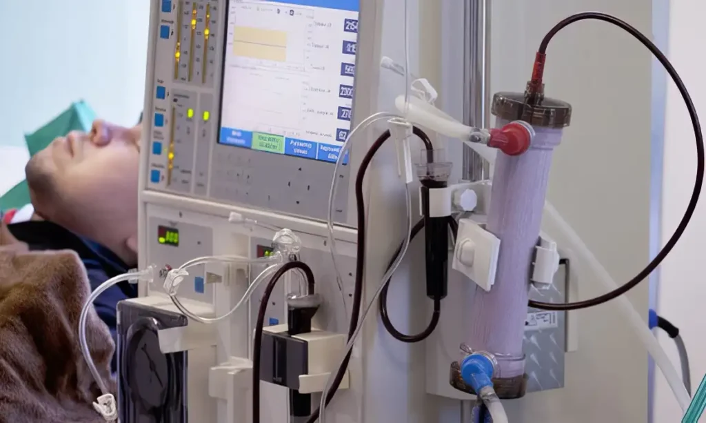 A foto mostra um paciente fazendo hemodiálise. Ele está deitado em uma maca.