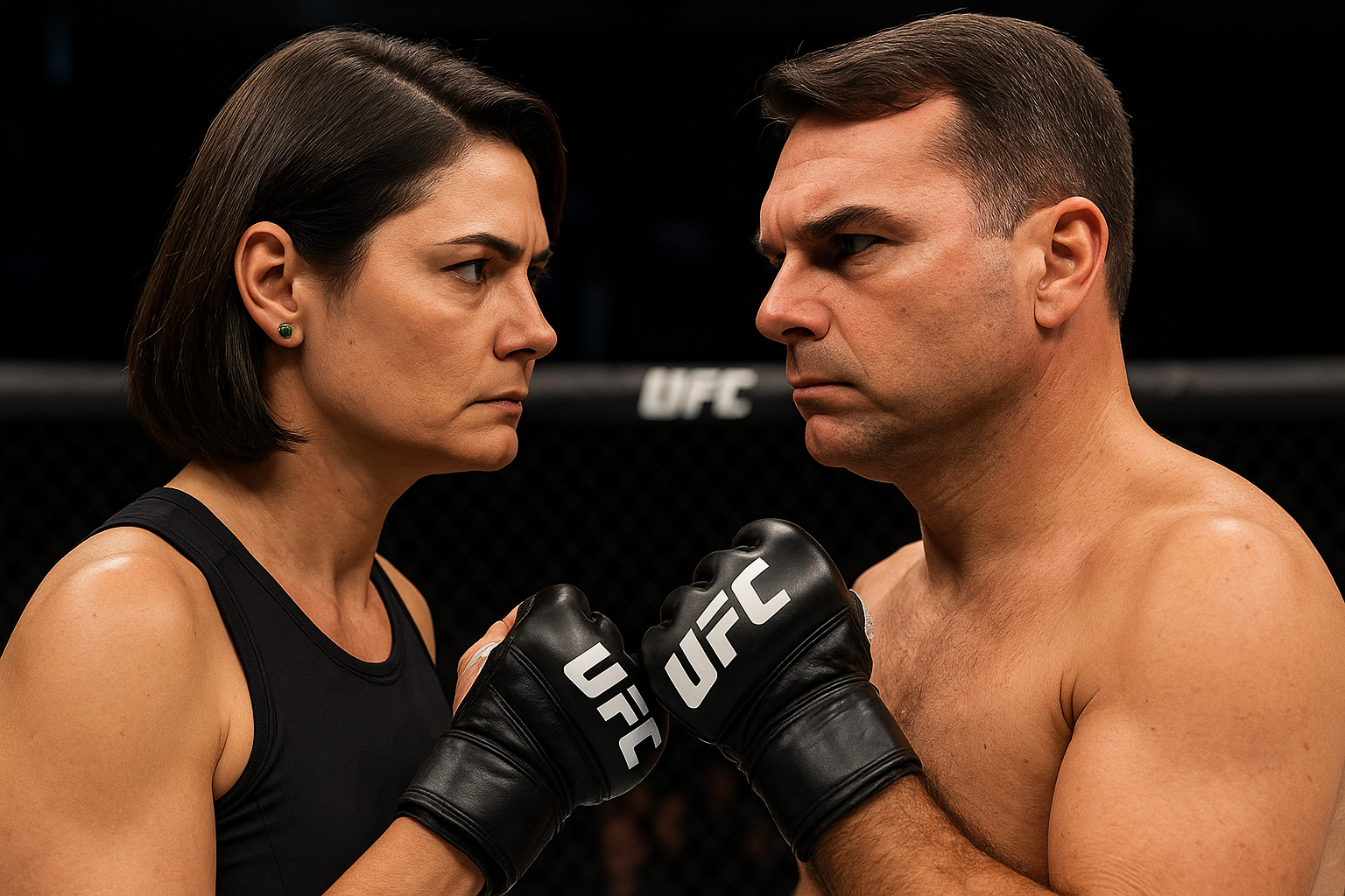 Fotomontagem em que Michelle e Flávio Bolsonaro se provocam mutuamente num ringue de vale-tudo