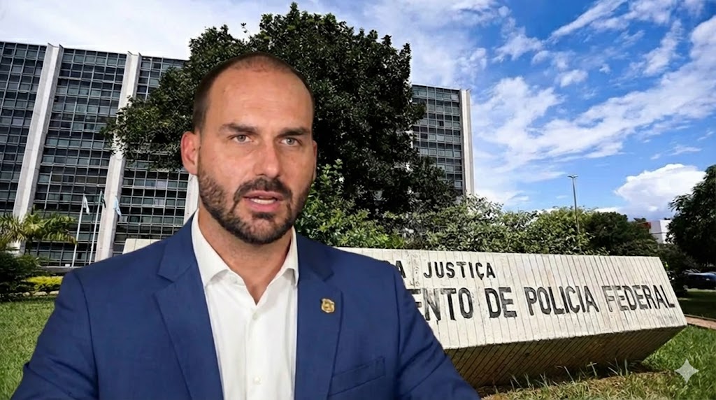 O deputado Eduardo Bolsonaro em fotomontagem na fachada do prédio da Polícia Federal em Brasília