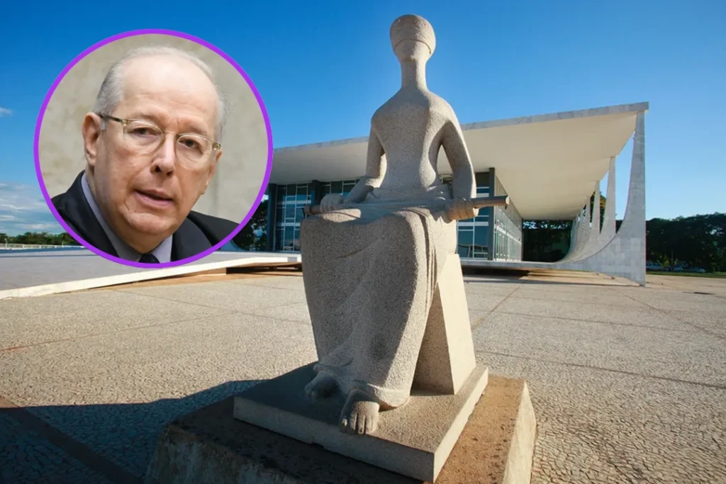 O ex-ministro Celso de Mello com a fachada do STF ao fundo
