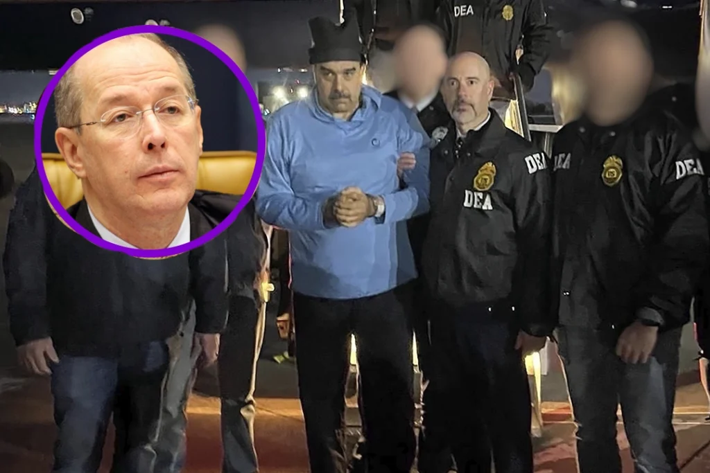 Fotomontagem com foto do ex-ministro do STF Celso de Melo e uma imagem de Nicolas maduro preso nos EUA