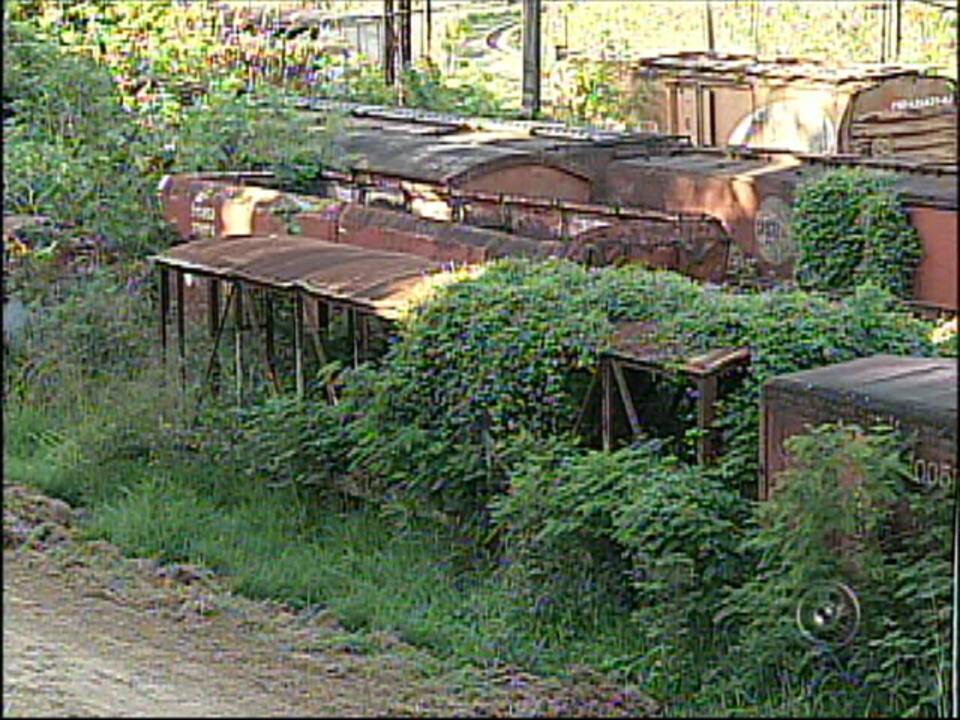 estação de trem com vagões abandonados e enferrujados