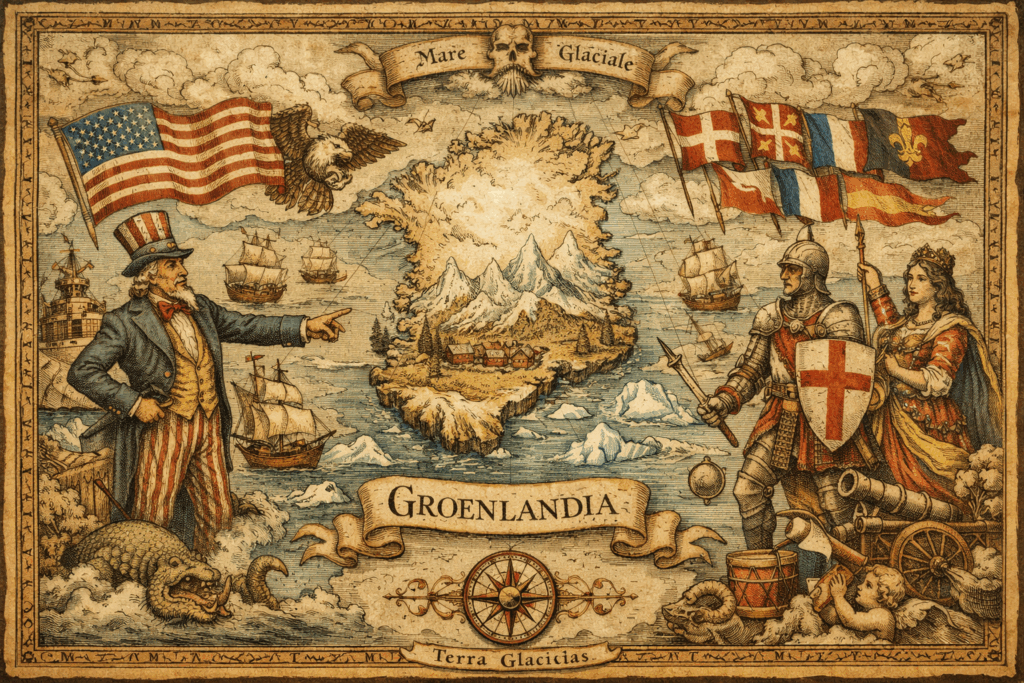 Mapa estilizado simbolizando a disputa pelo território da Groenlândia entre EUA e Europa
