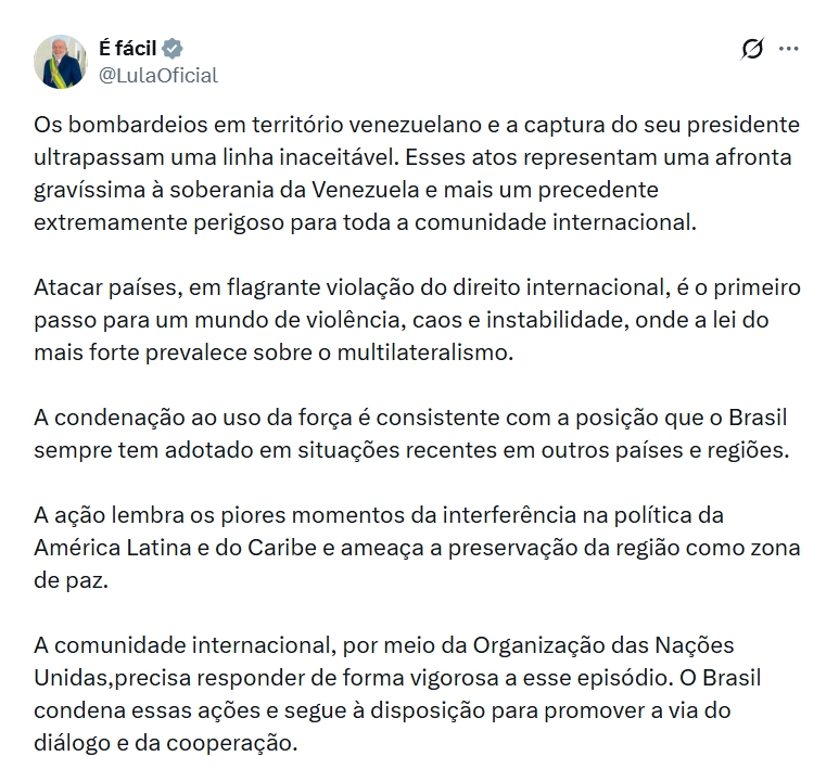 Nota de Lula no X sobre a invasão norte-americana a Caracas