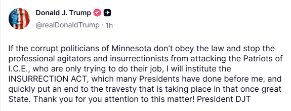 mensagem na rede Truthsocial de Donald Trump ameaçando intervir com militares em Minnesota