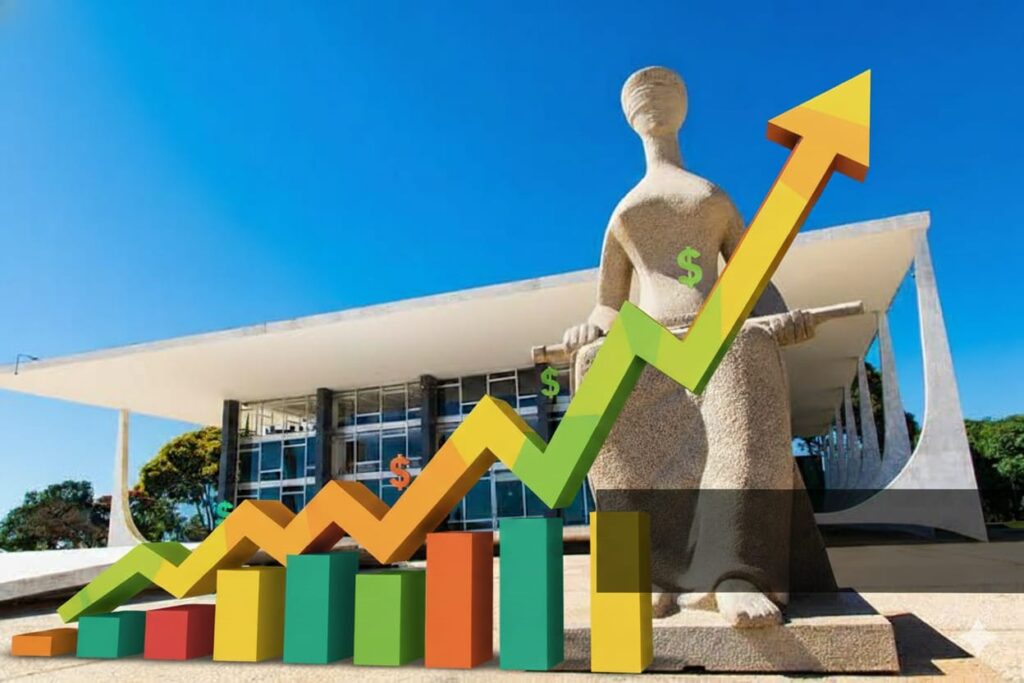 Sede do STF com seta ondicando subida dos salários funcionais