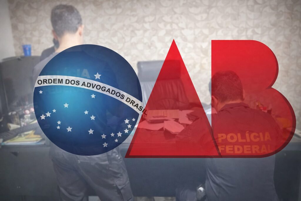 logotipo da OAB sobre posto a imagem de policiais federais fazendo busca e apreensão em escritórios de advocacia