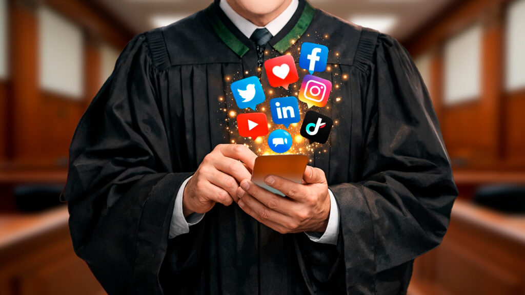 mãos de um magistrado manipulando redes sociais pelo celular