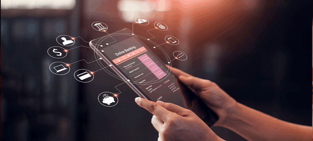 imagem de mãos segurando celular com contas banc'rias dgital