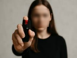 Imagem indefinida de um rosto feminino usando um spray de pimenta como proteção