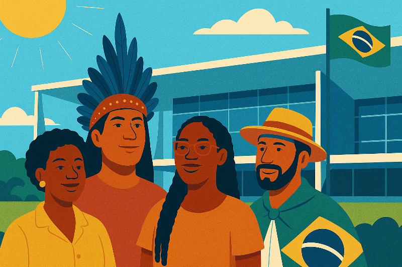 desenho de candidatos branco, negro e indígena diante do Palácio do Planalto