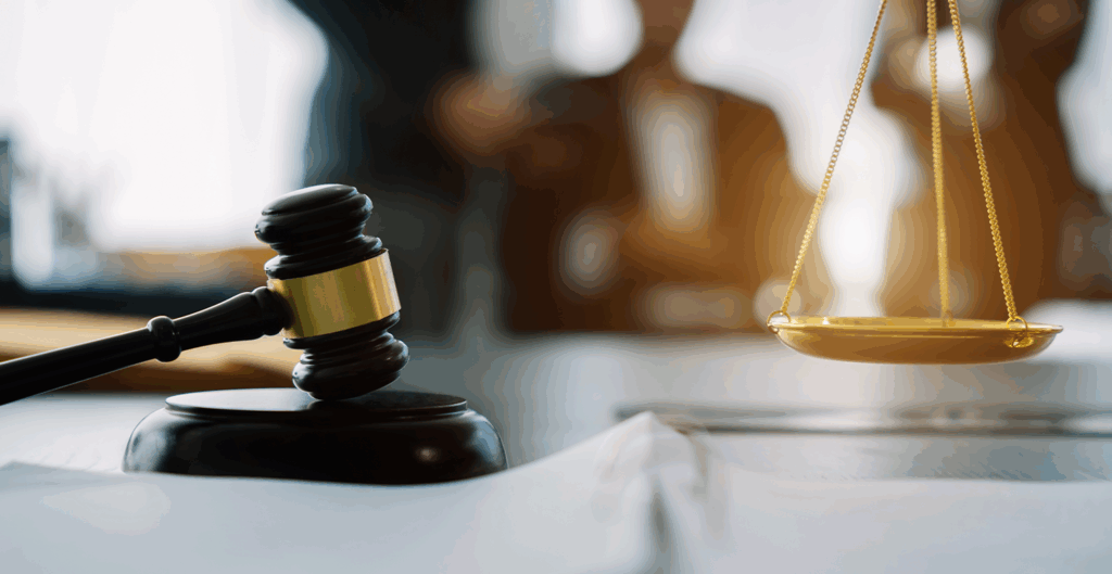 Símbolos da justiça: martelo, documentos e balança dourada sobre uma mesa