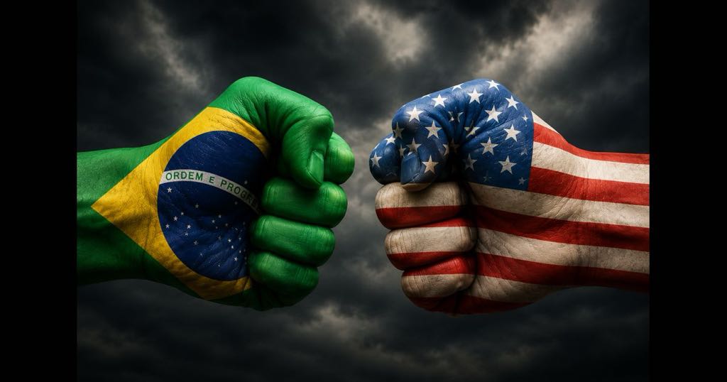 mãos em punho de confronto representando Brasil x EUA
