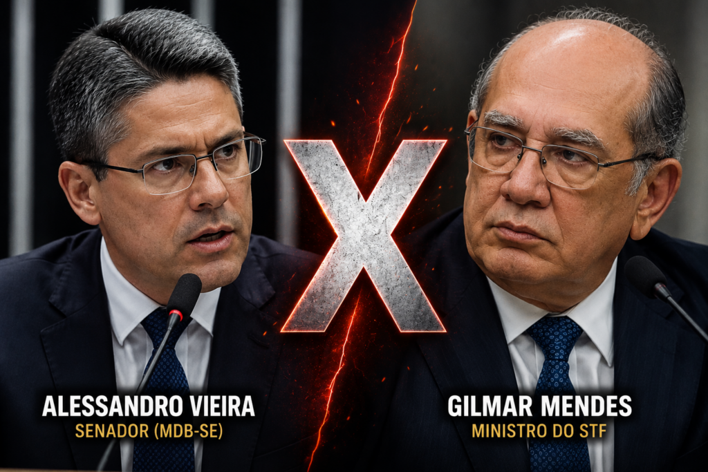 foto do ministro Gilmar Mendes em confronto com o senador Alessandro Vieira