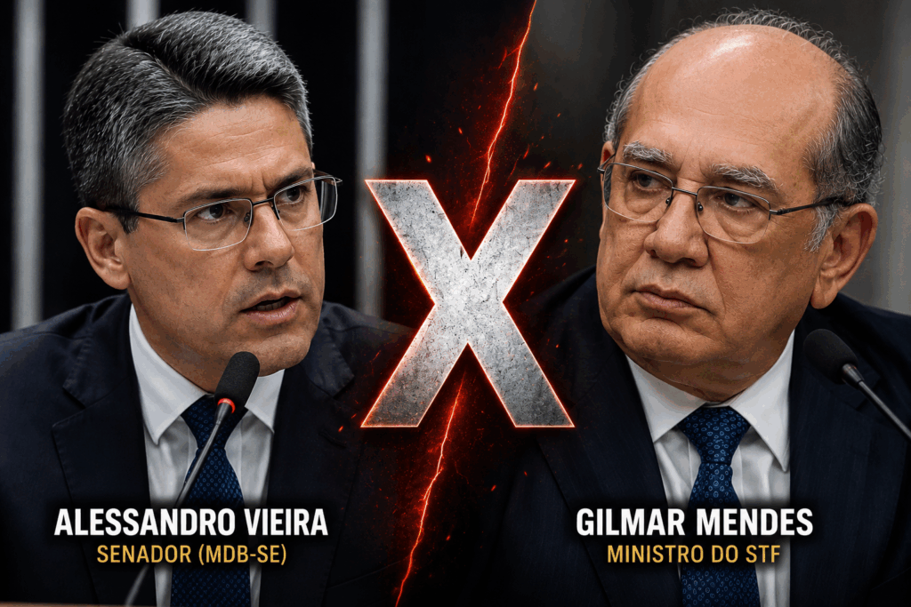 foto do ministro Gilmar Mendes em confronto com o senador Alessandro Vieira