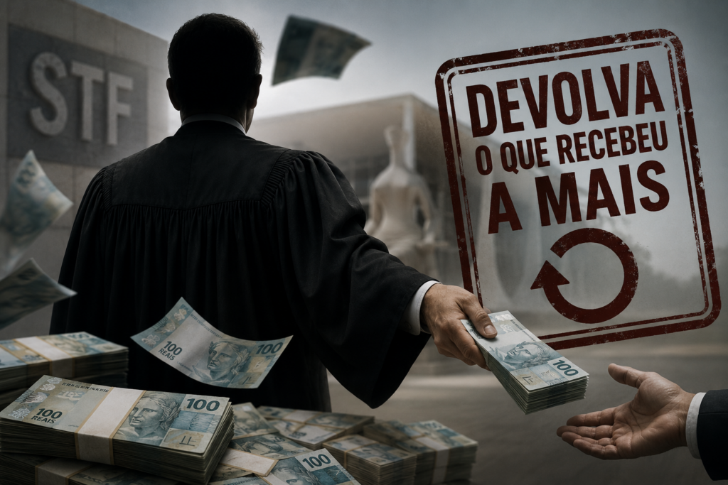 imagem de um juiz de costas devolvendo dinheiro, ao fundo a sigla do STF e os dizeres: devolva o que recebeu a mais