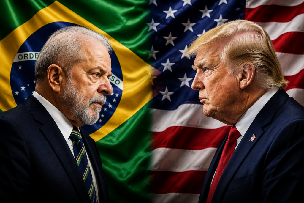 montagem de foto de Lula e Trump frente a frente com as respectivas bandeiras dos países ao fundo