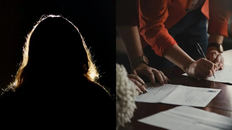 mulher em sombras de costas e mãos assinando documento