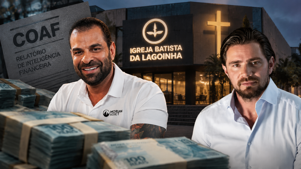 Imgens sobrepostas de Daniel Vorcaro, Fabiano Zettel, montantes de dinheiro e símbolos da Igreja Lagoinha