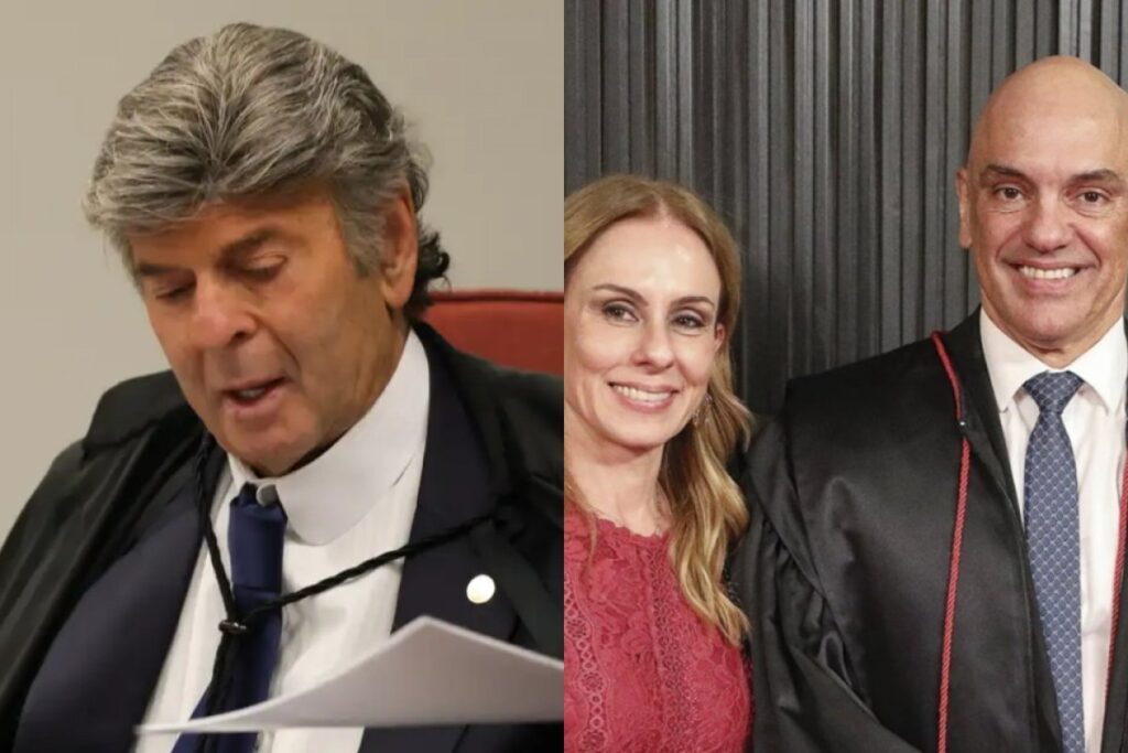 imgens coladas de Fux e da mulher de Alexandre de Moraes ao lado do marido
