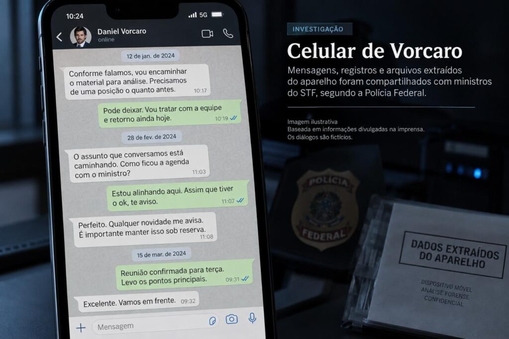 imagem fictícia simulando conversas de celular entre Vorcaro e autoridades