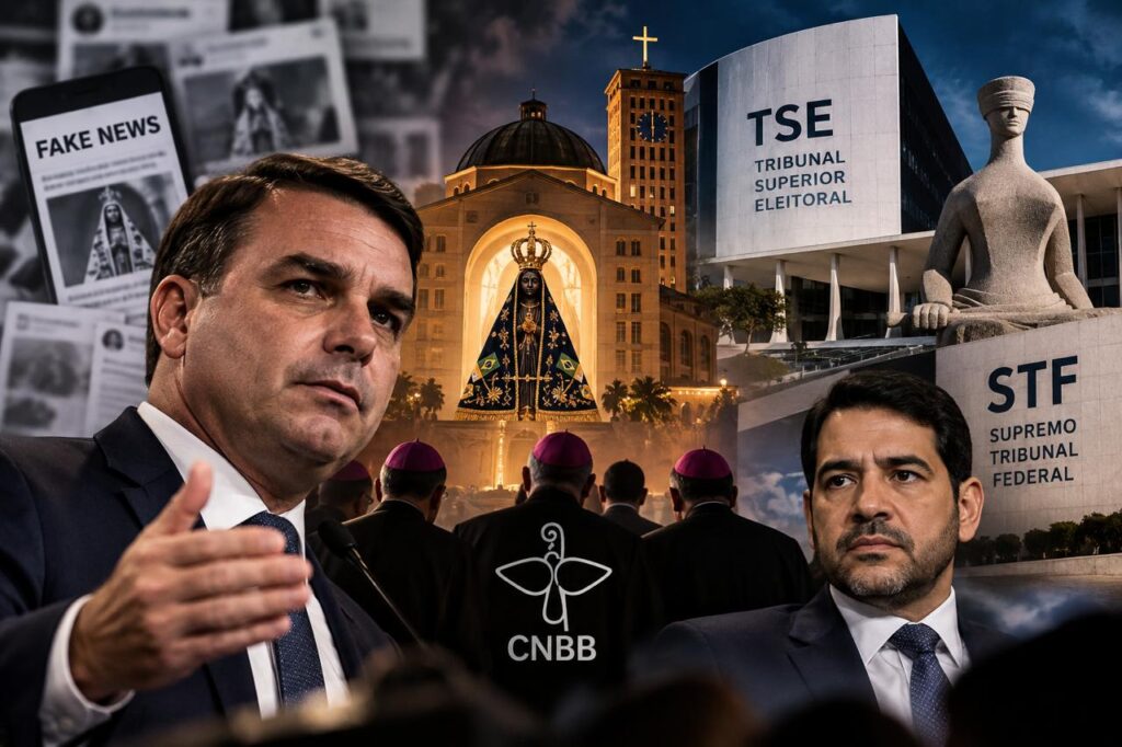 montagem de Flávio Bolsonaro, bispos da igreja católica, Jorge Messias, TSE e STF feita com IA