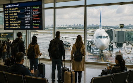 passageiros de costas voltados para janela do aeroporto onde se vê um avião parado