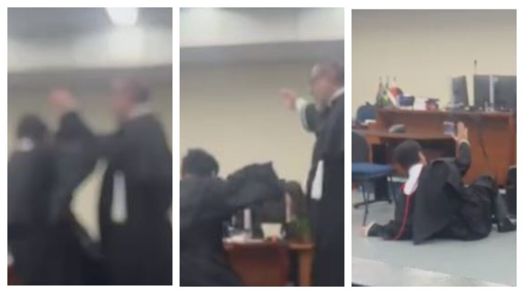 sequência de imagens do promotor caindo no tribunal do juri