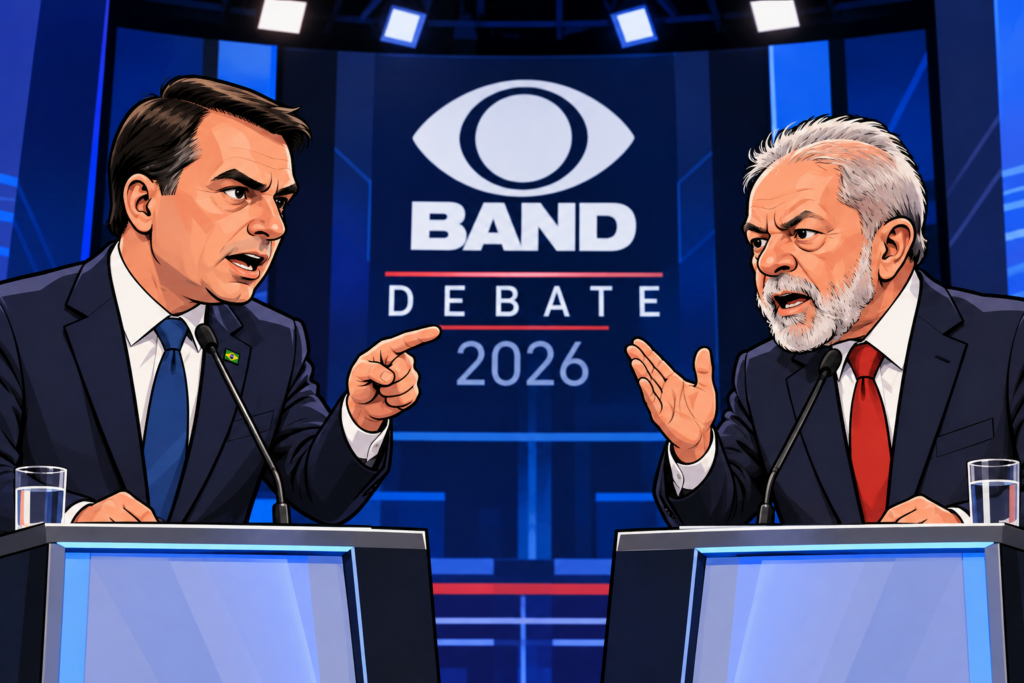 desenho de Flávio Bolsonaro e Lula em debate na TV Band