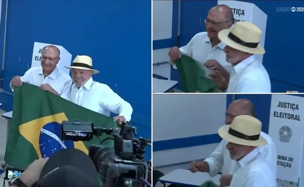 sequência de imagens de Lula e Alckmin com a bandeira do Brasil após votar nas eleições em primeiro turno