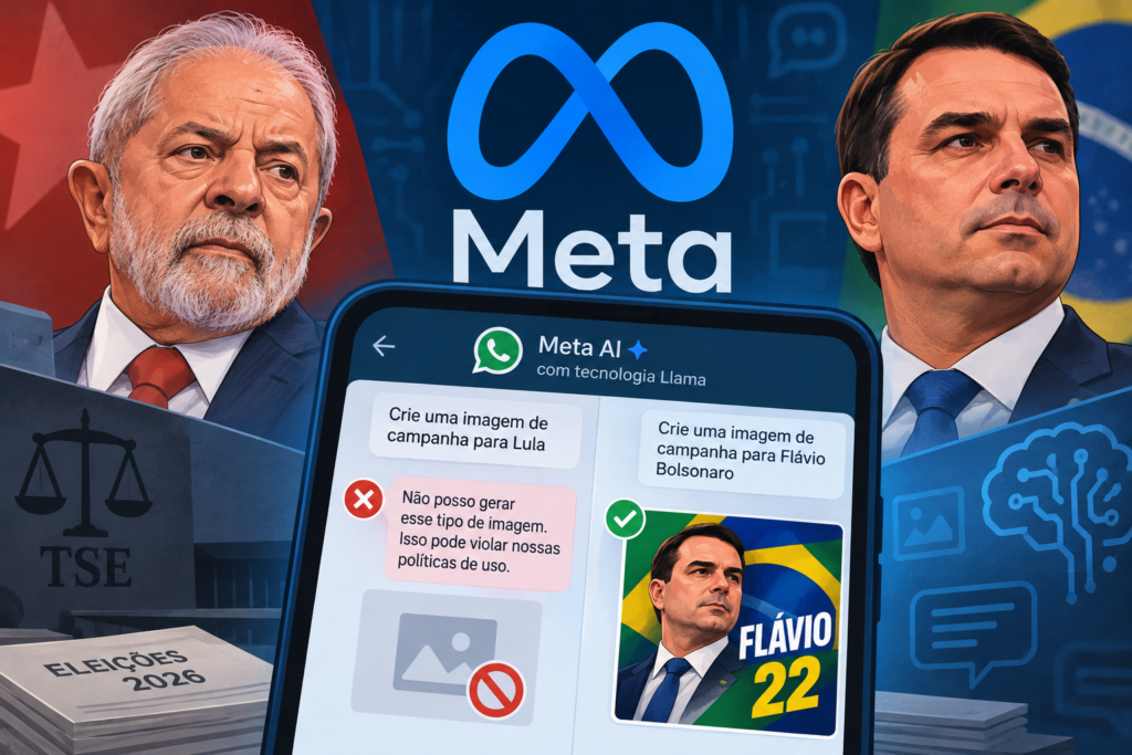 Imagem criada por IA onde aparece Lula sendo rejeitado pela Meta e Flávio sendo beneficiado