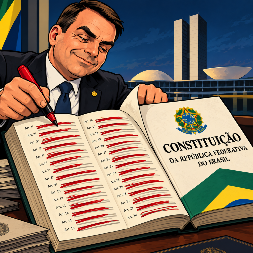 caricatura de Flávio Bolsonaro riscando a Constituição